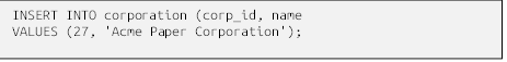 INSERT INTO corporation (corp_id, name
VALUES (27, 'Acme Paper Corporation');


