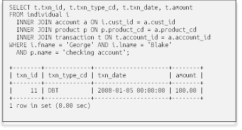 SELECT t.txn_id, t.txn_type_cd, t.txn_date, t.amount
FROM individual i
  INNER JOIN account a ON i.cust_id = a.cust_id
  INNER JOIN product p ON p.product_cd = a.product_cd
  INNER JOIN transaction t ON t.account_id = a.account_id
WHERE i.fname = 'George' AND i.lname = 'Blake'
  AND p.name = 'checking account';

+--------+-------------+---------------------+--------+
| txn_id | txn_type_cd | txn_date            | amount |
+--------+-------------+---------------------+--------+
|     11 | DBT         | 2008-01-05 00:00:00 | 100.00 |
+--------+-------------+---------------------+--------+
1 row in set (0.00 sec)

