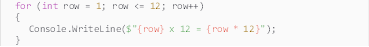 Description: Description: for (int row = 1; row <= 12; row++)
{
Console.WriteLine($"{row} x 12 = {row * 12}");
}

